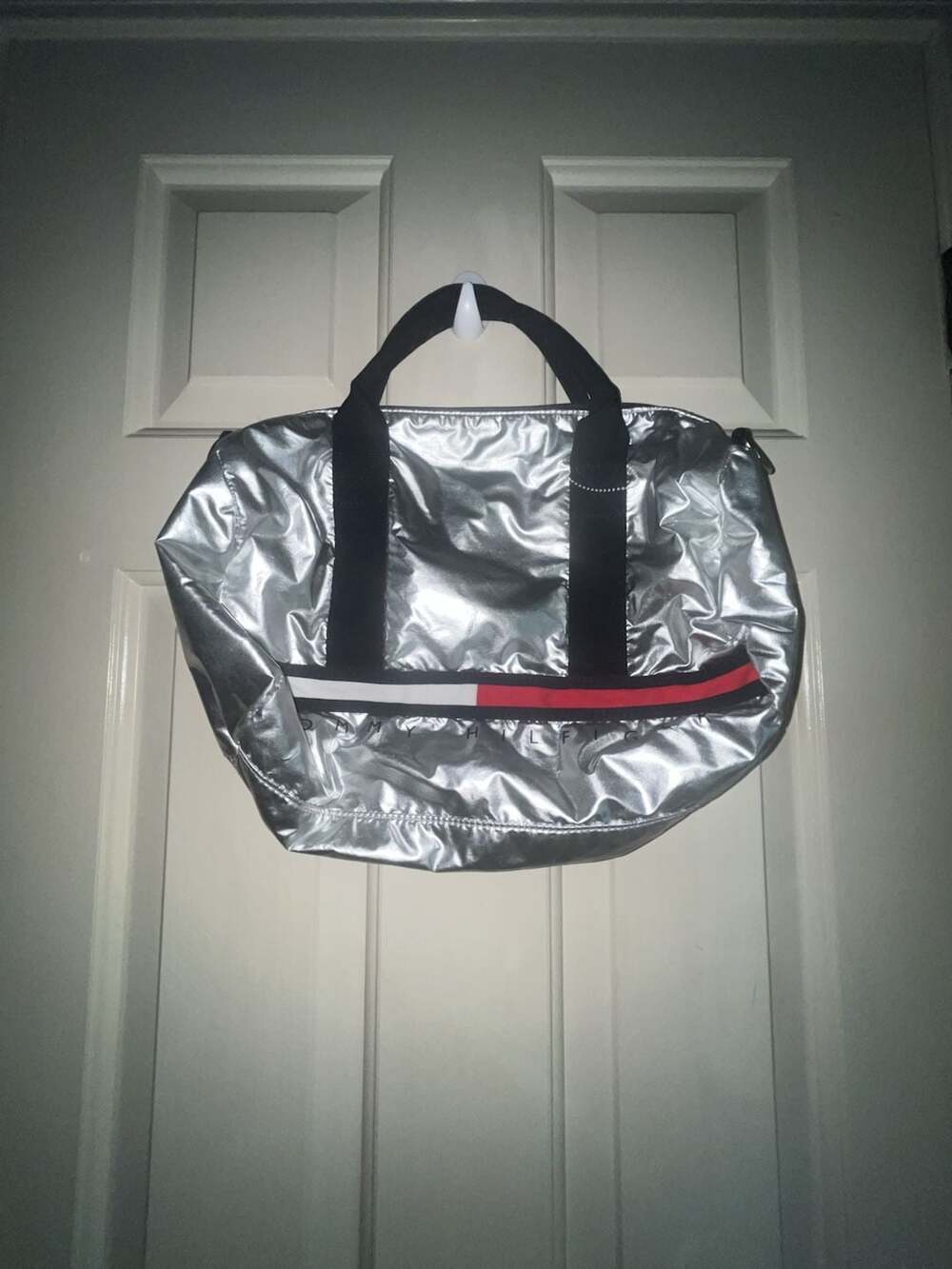 Tommy Hilfiger Silver Metallic Nylon Duffle Barrel Weekender Bag